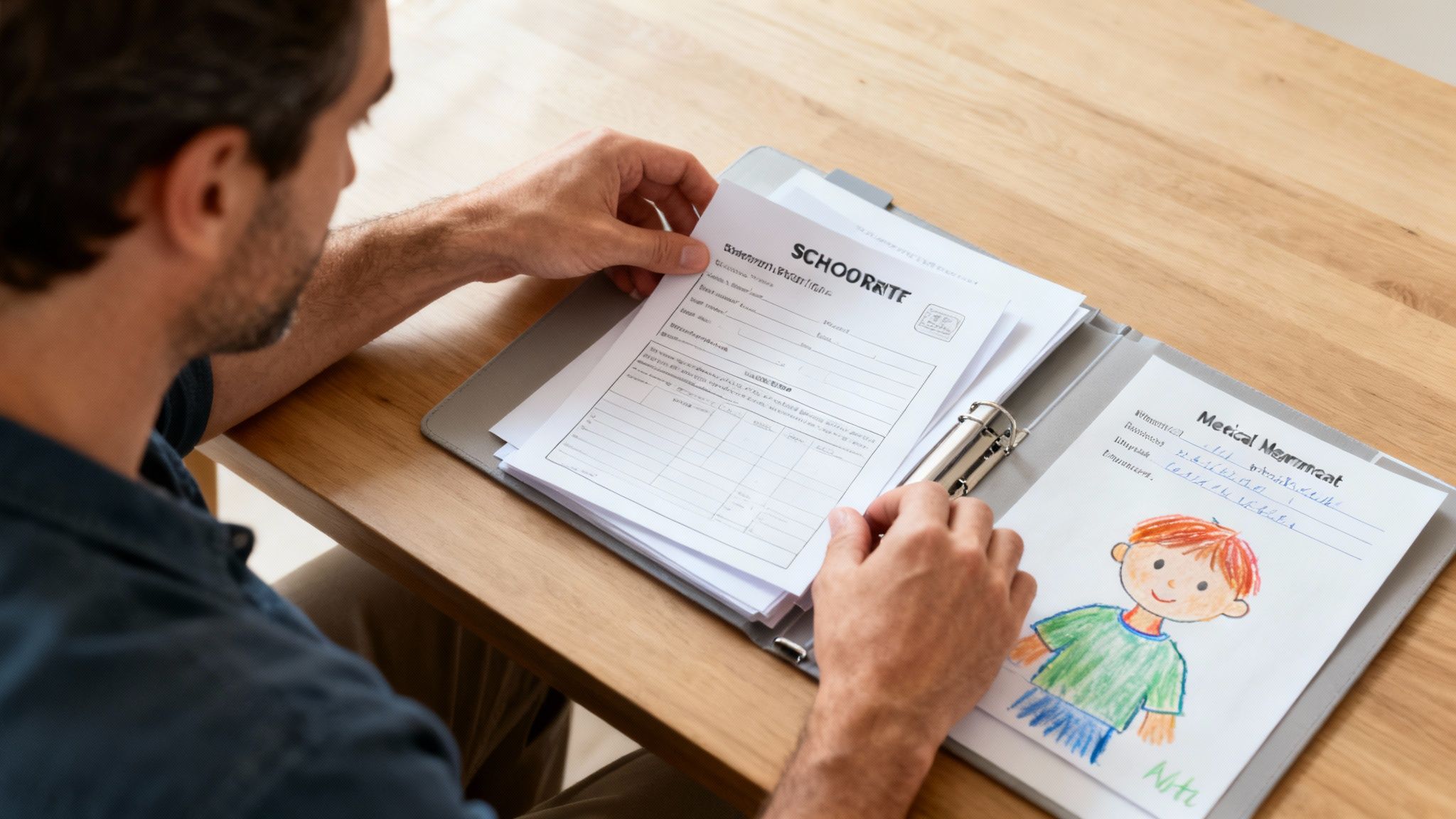A father reviews school forms and a child's drawing in a binder on a wooden table.