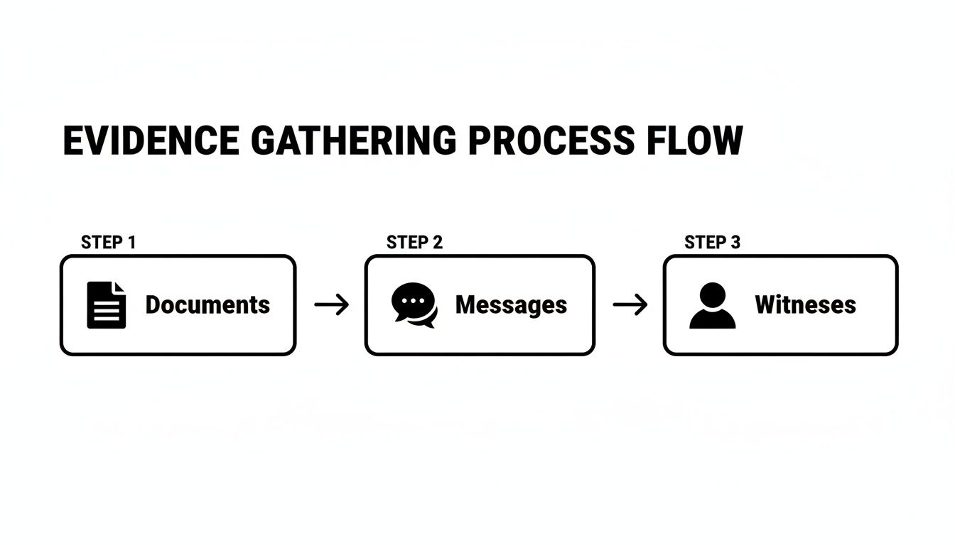 A flowchart illustrating the evidence gathering process in three sequential steps: Documents, Messages, and Witnesses.