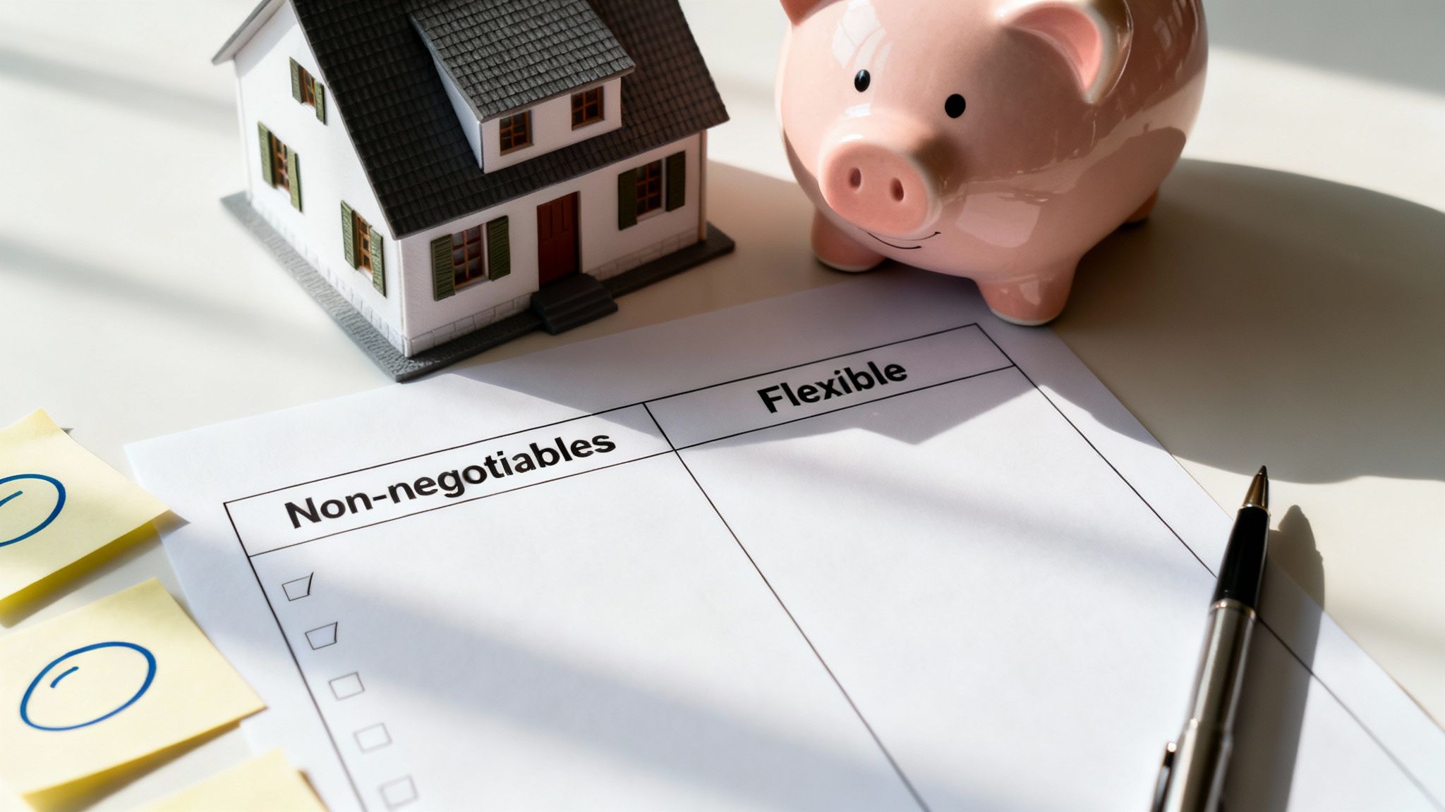 A document with 'Non-negotiables' and 'Flexible' sections, a miniature house, and a piggy bank, symbolizing life decisions.
