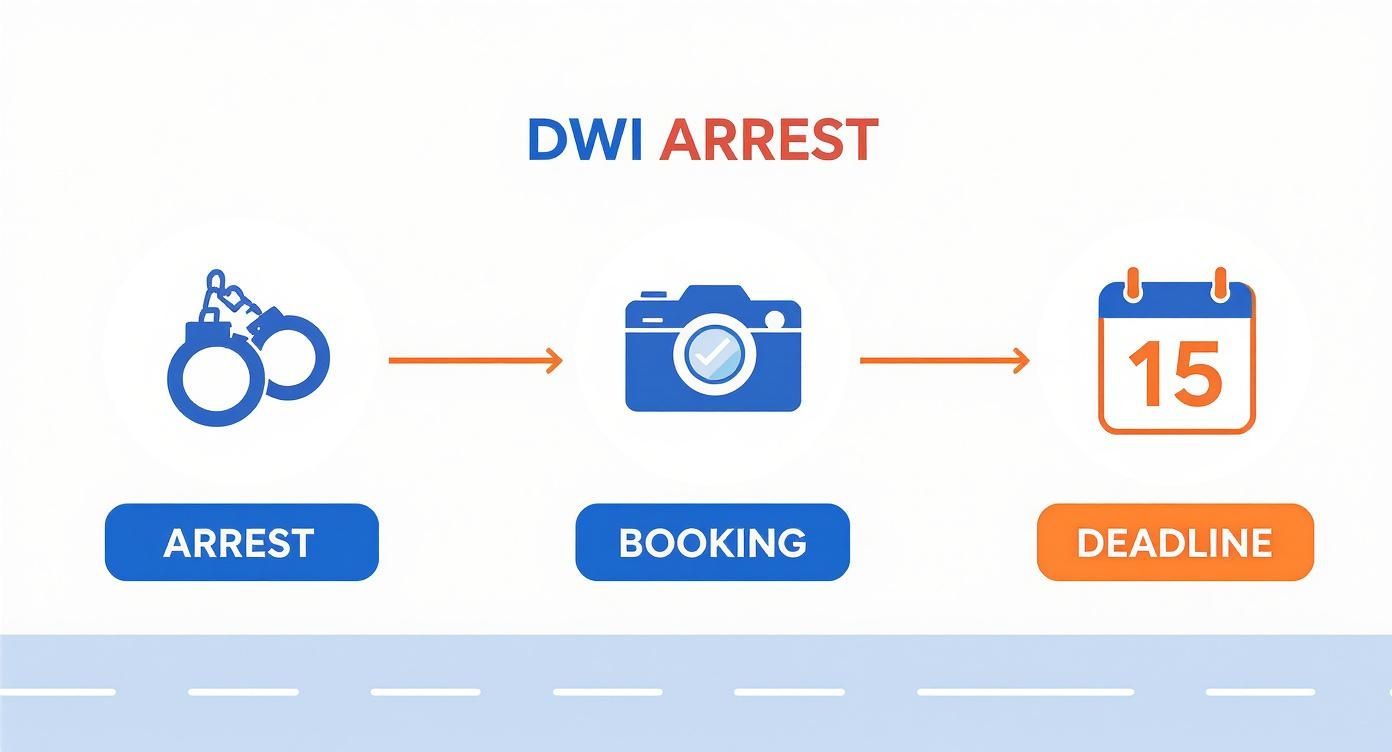 DWI arrest process infographic illustrating arrest, booking, and deadline steps with icons for handcuffs, camera, and calendar.