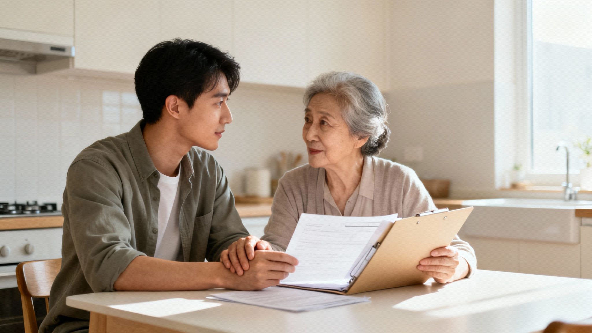 A young man and an elderly woman review legal documents together at a bright kitchen table.