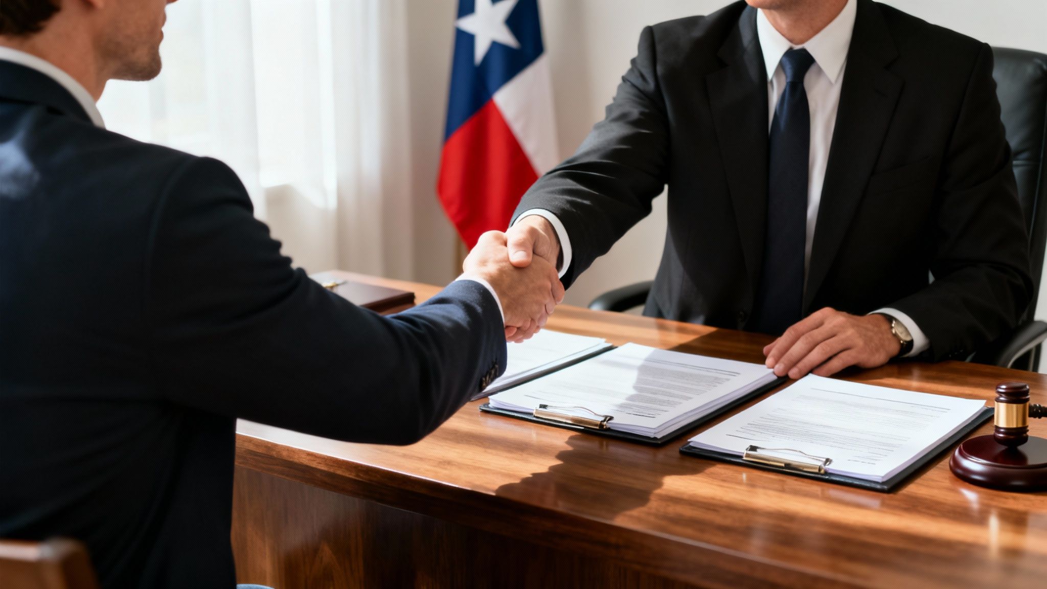 Two men shaking hands in an office setting, with legal documents on a wooden table, a gavel, and a Texas flag in the background, symbolizing the process of selecting a divorce lawyer in Texas.