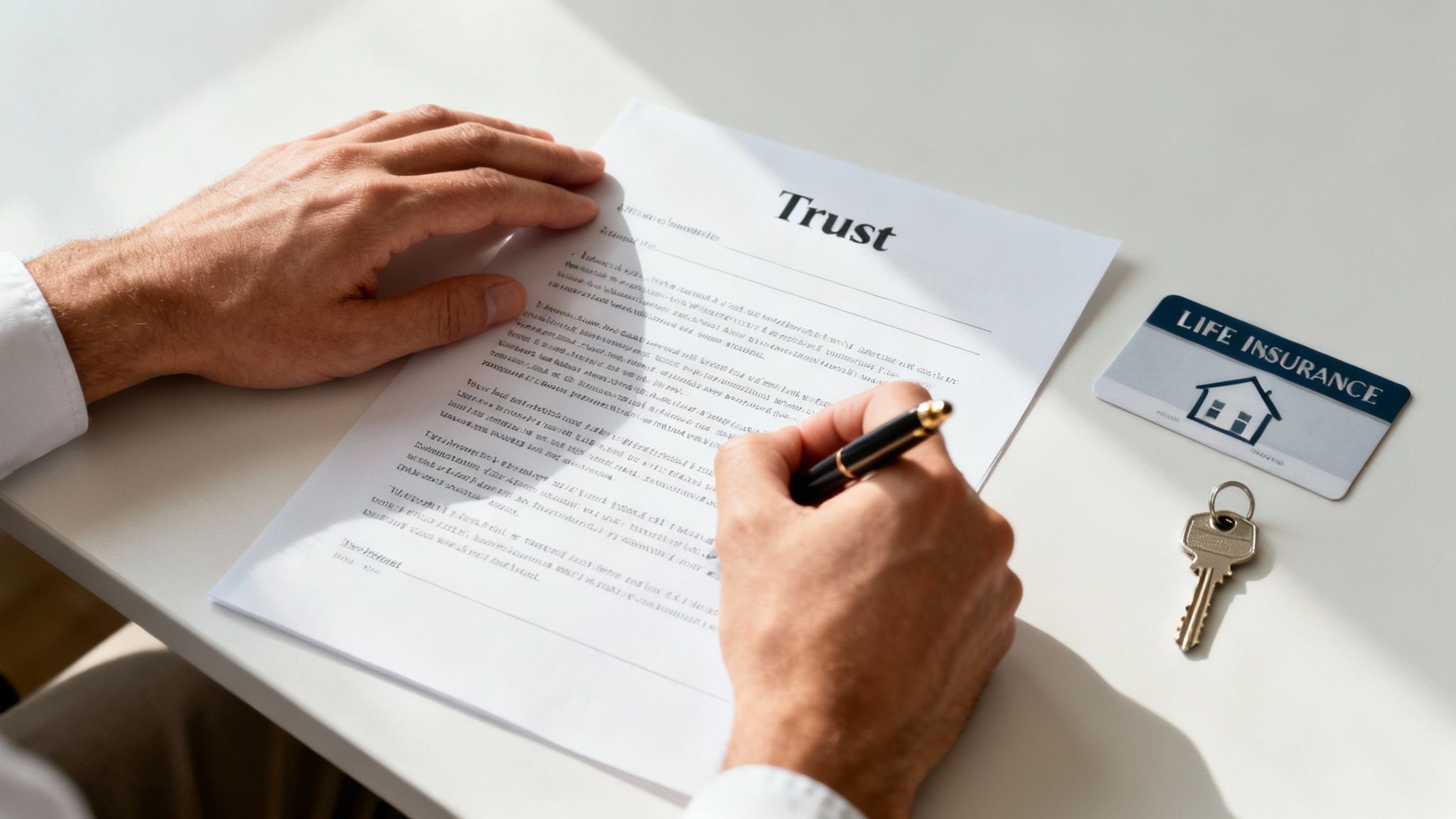 A person's hands signing a 'Trust' document with a pen, next to a life insurance card and house key.