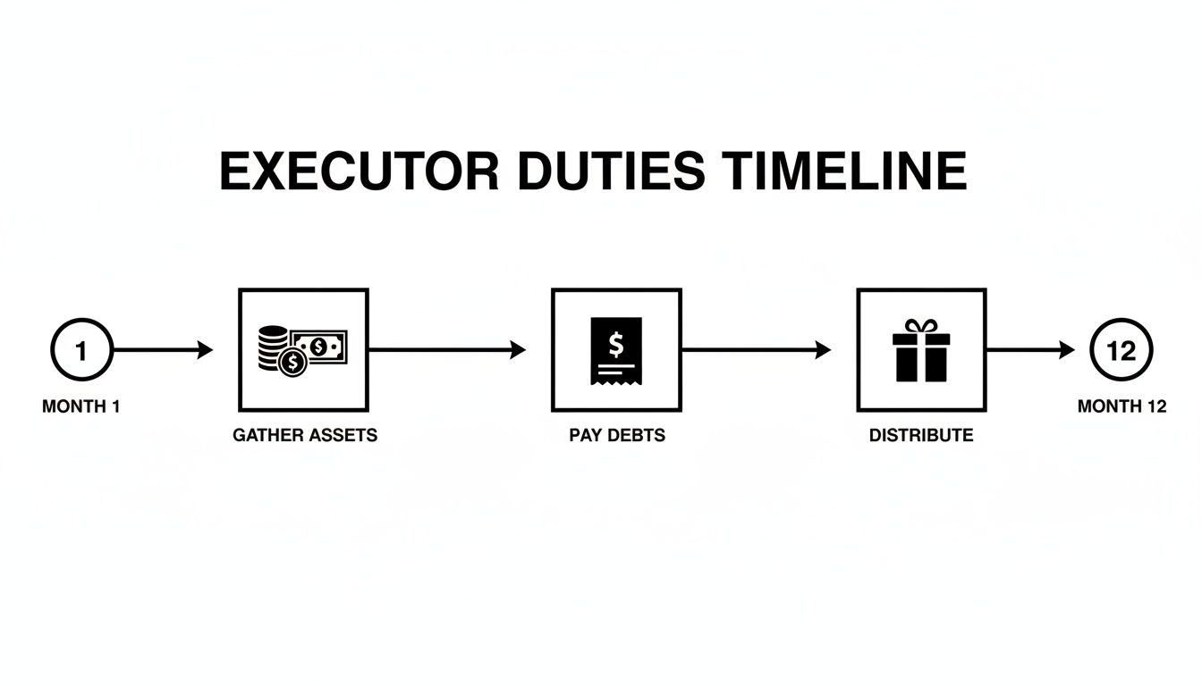 Timeline illustrating executor duties: gather assets, pay debts, and distribute estate over 12 months.