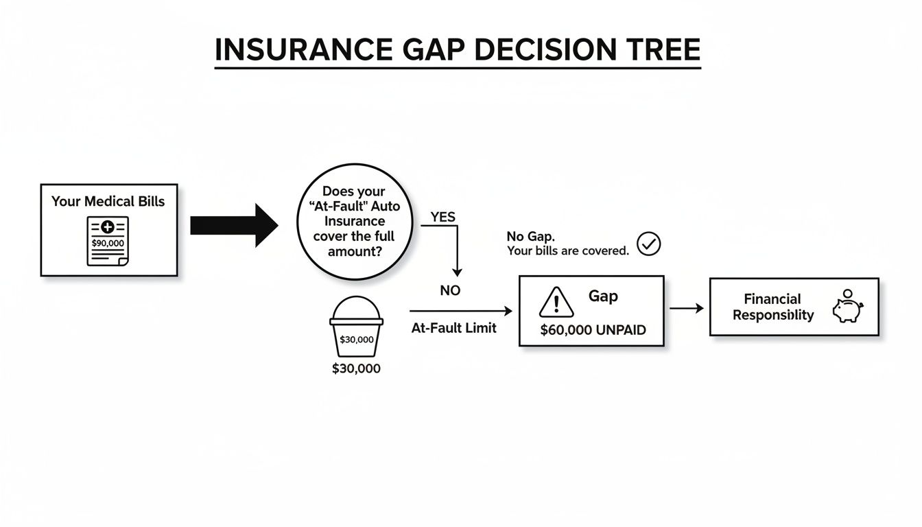 Decision tree illustrating an insurance gap where medical bills exceed auto insurance limits, resulting in financial responsibility.