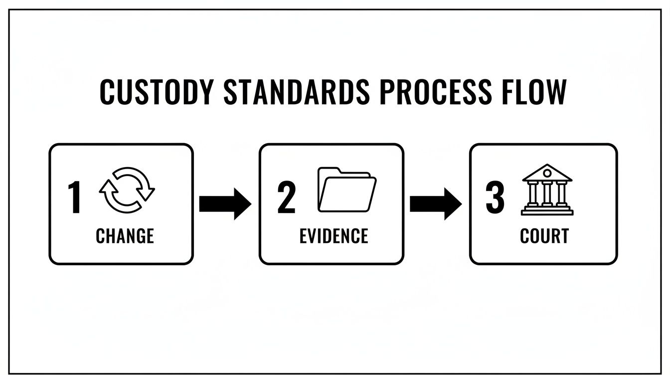 Flowchart depicting the custody standards process: 1. Change, 2. Evidence, 3. Court.