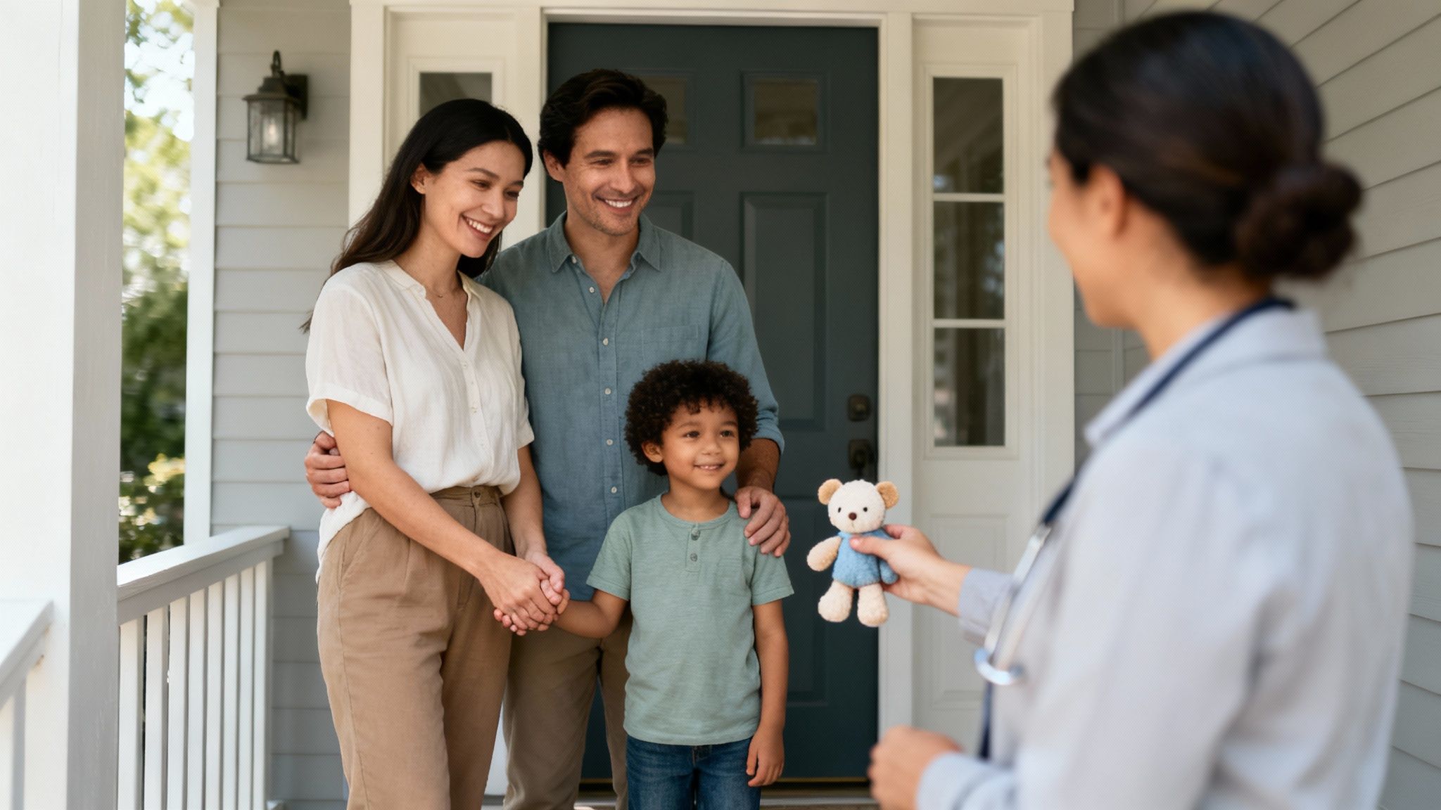 A happy family, including parents and a young boy, smiles on their porch as a healthcare worker hands the child a teddy bear.