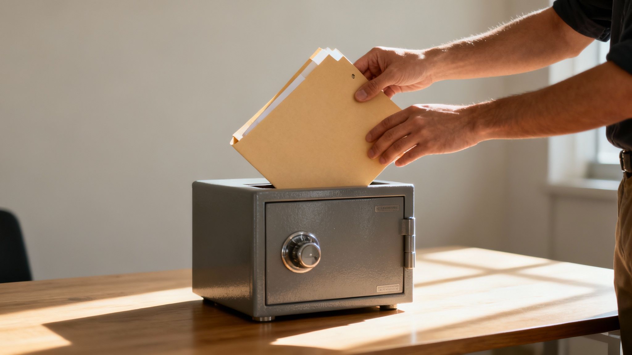 Person placing documents into a secure safe, symbolizing the sealing of criminal records under an Order of Nondisclosure in Texas.