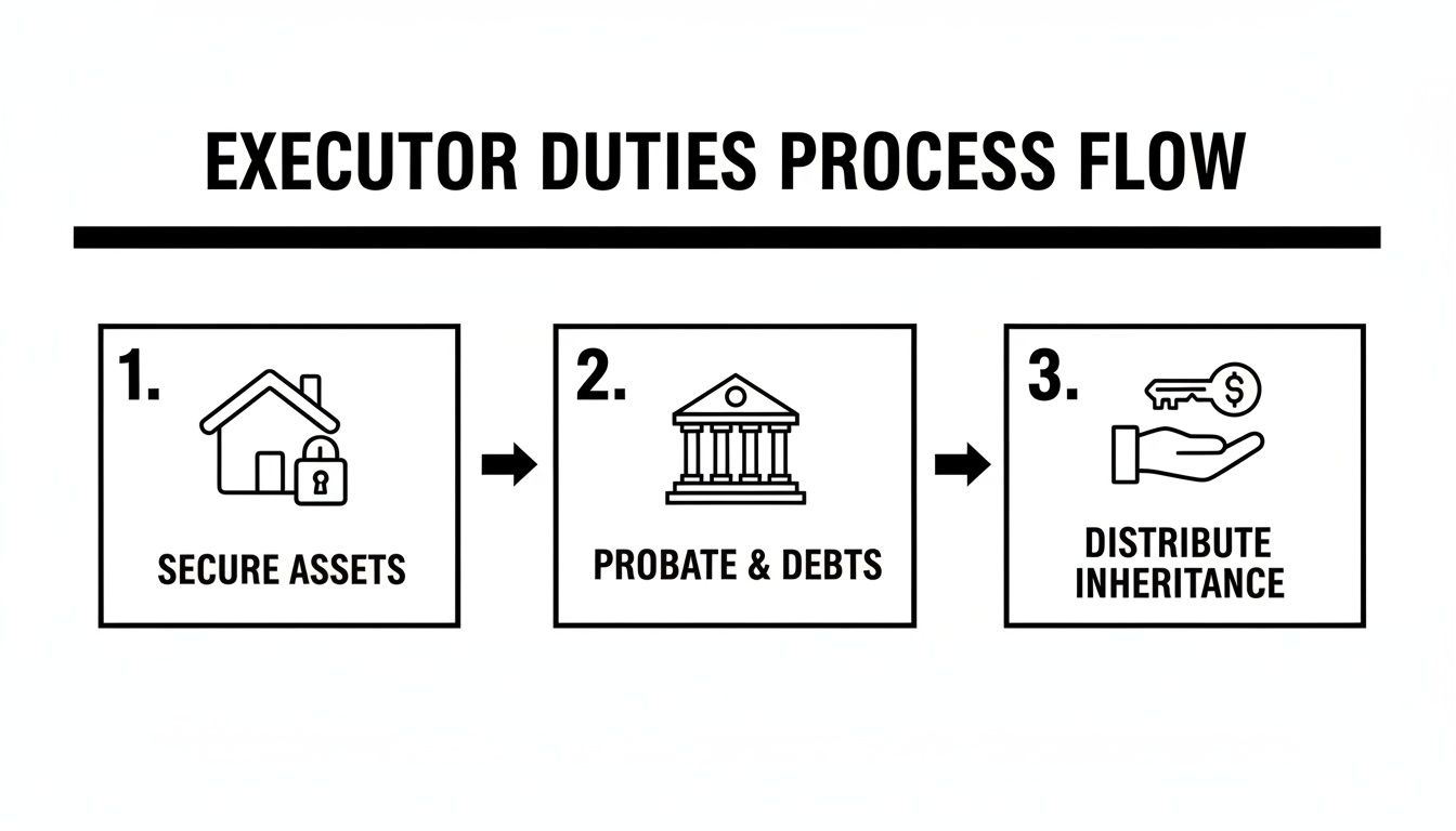 Executor duties process flow chart illustrating three key steps: secure assets, probate & debts, and distribute inheritance, relevant to Texas estate management.