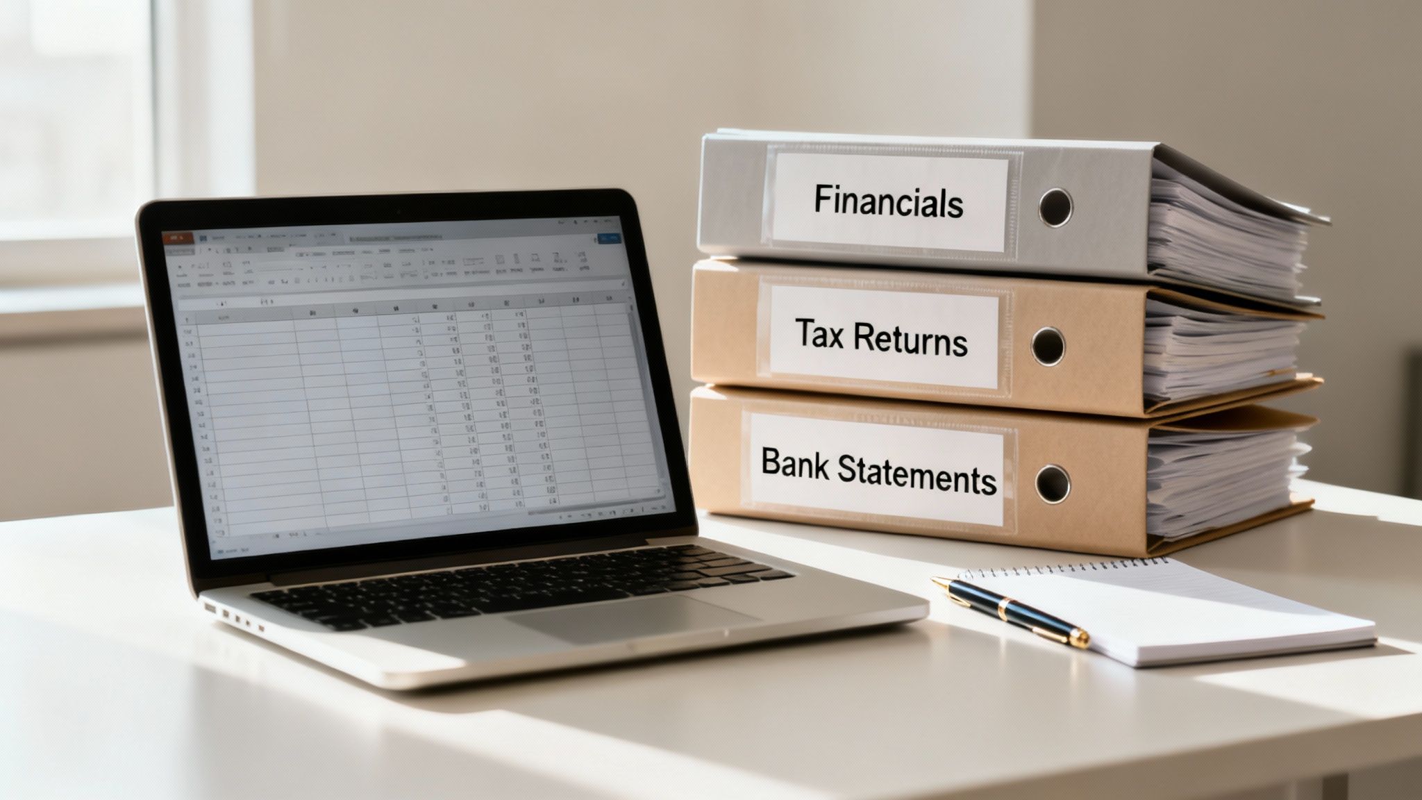 A laptop displaying a spreadsheet next to a stack of financial binders on a desk.