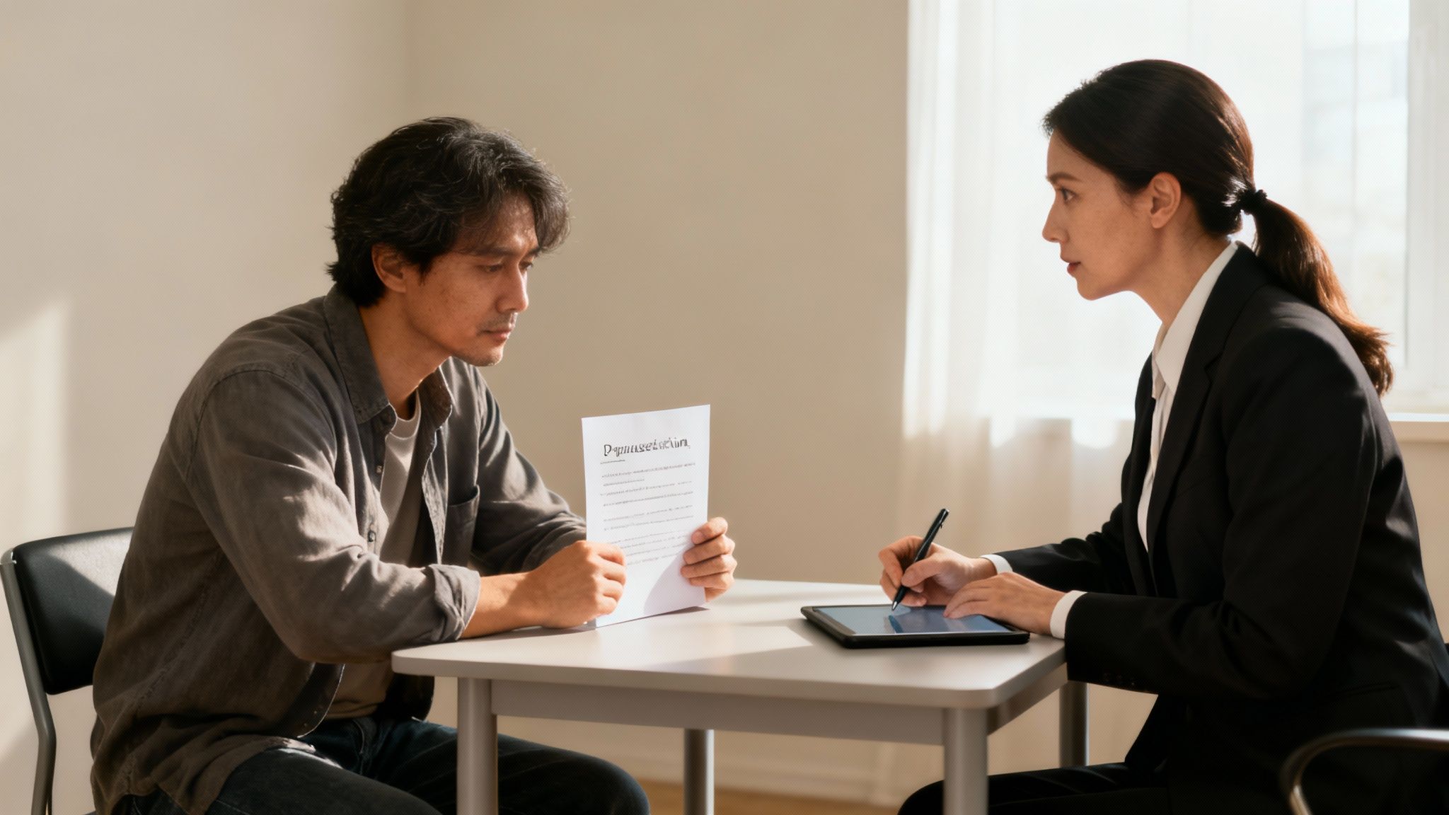 Man and woman in professional consultation, discussing legal matters, with documents and tablet on the table, reflecting the importance of evaluating attorneys for criminal defense.