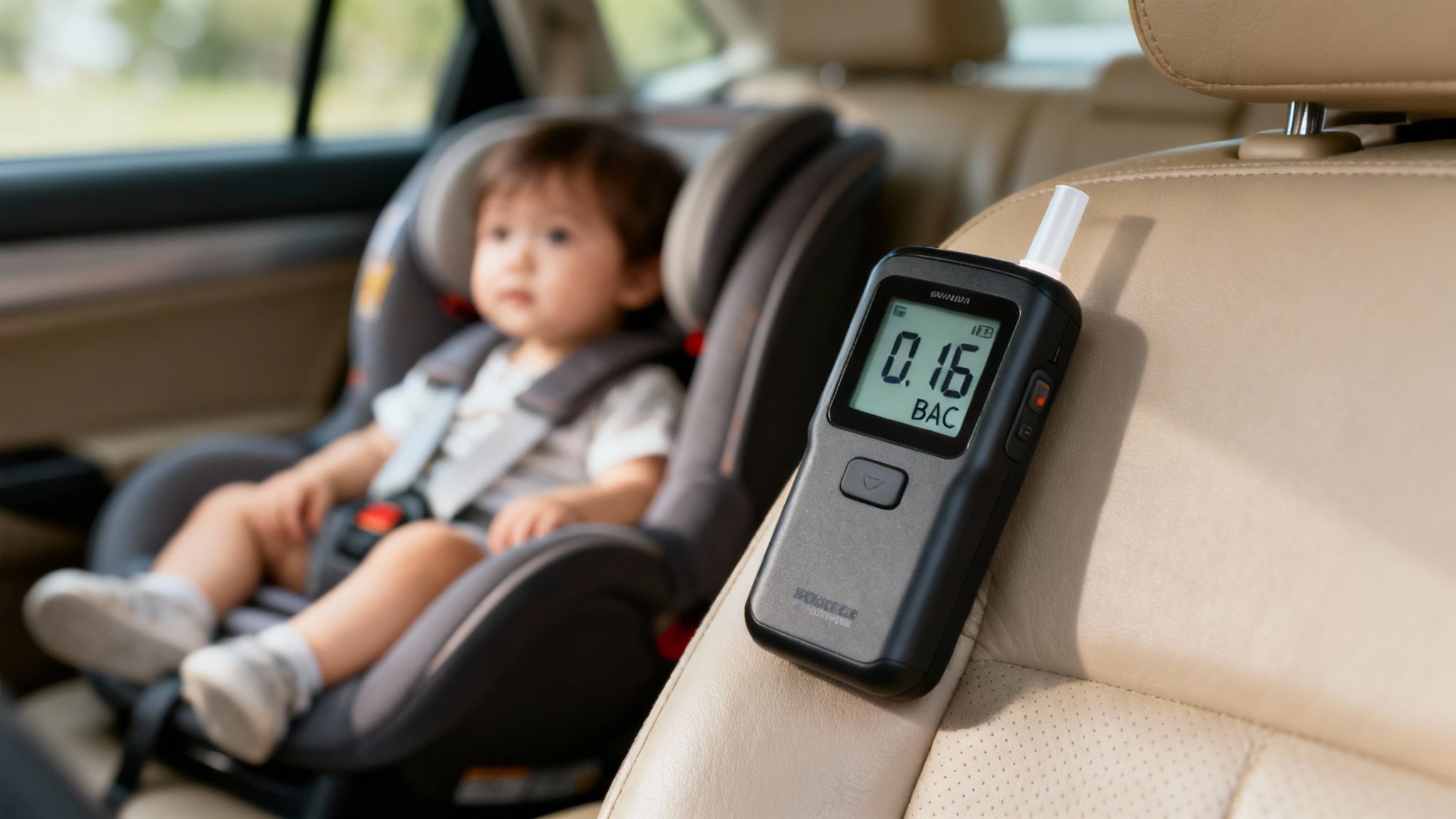 A breathalyzer showing 0.16 BAC on car seat, with a baby in a car seat behind.