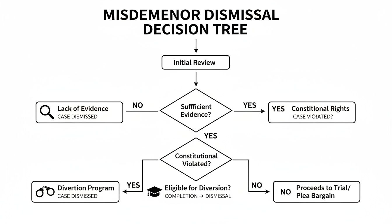 Flowchart illustrating the misdemeanor dismissal decision tree based on evidence, constitutional rights, and diversion programs.