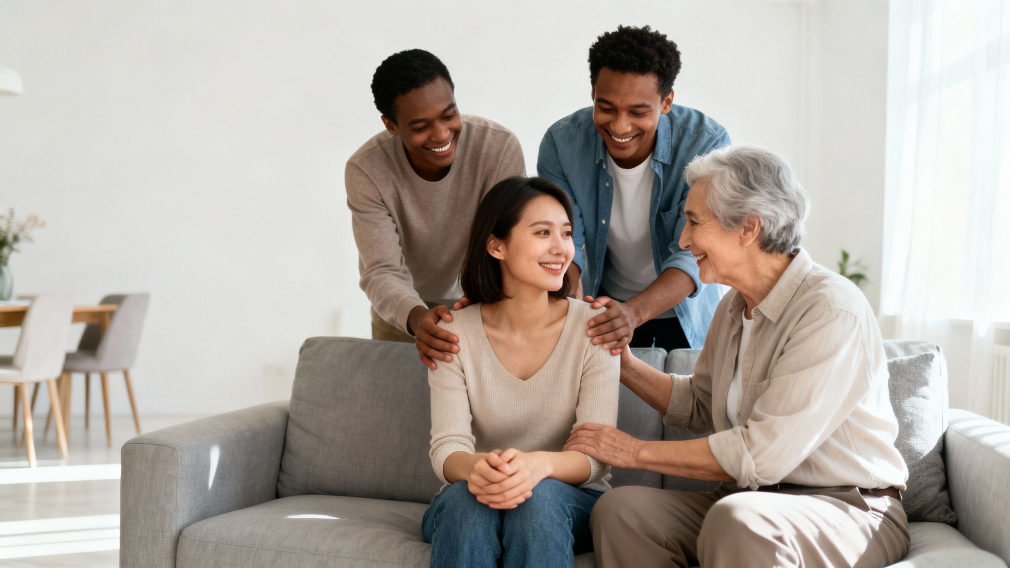 A multi-generational, multi-ethnic family smiling together on a couch, showing warmth and support.