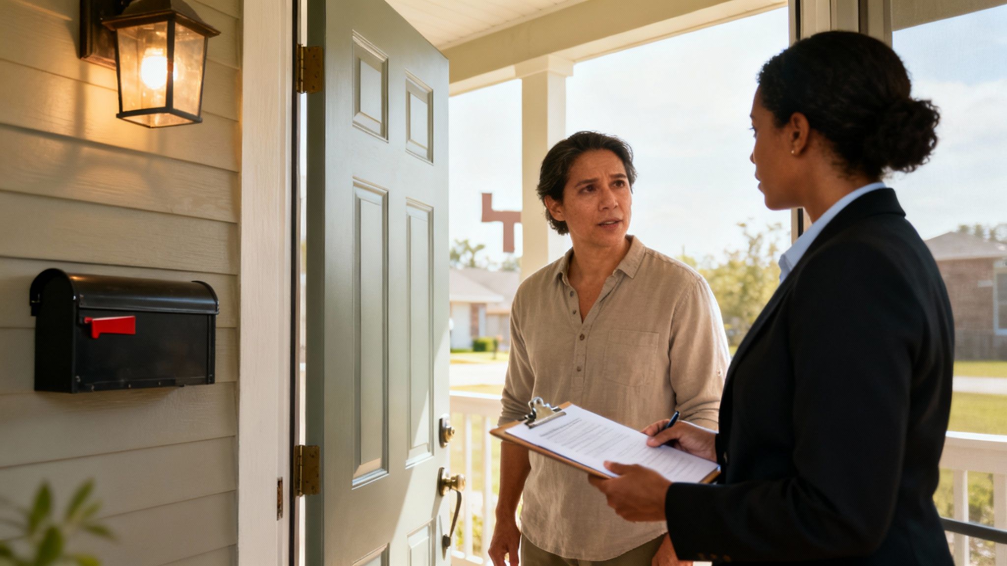 A parent and child looking out a window, appearing concerned about someone approaching their home.