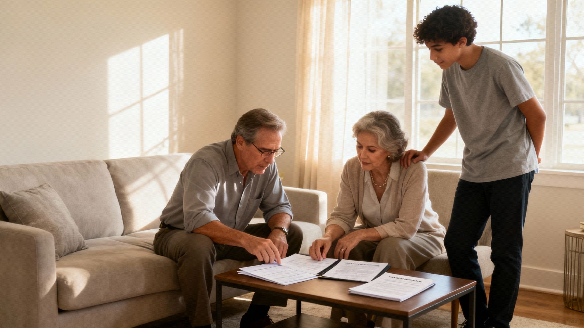 Older couple reviewing estate planning documents with a young boy in a living room, emphasizing family discussions about setting up a living trust for asset protection in Texas.