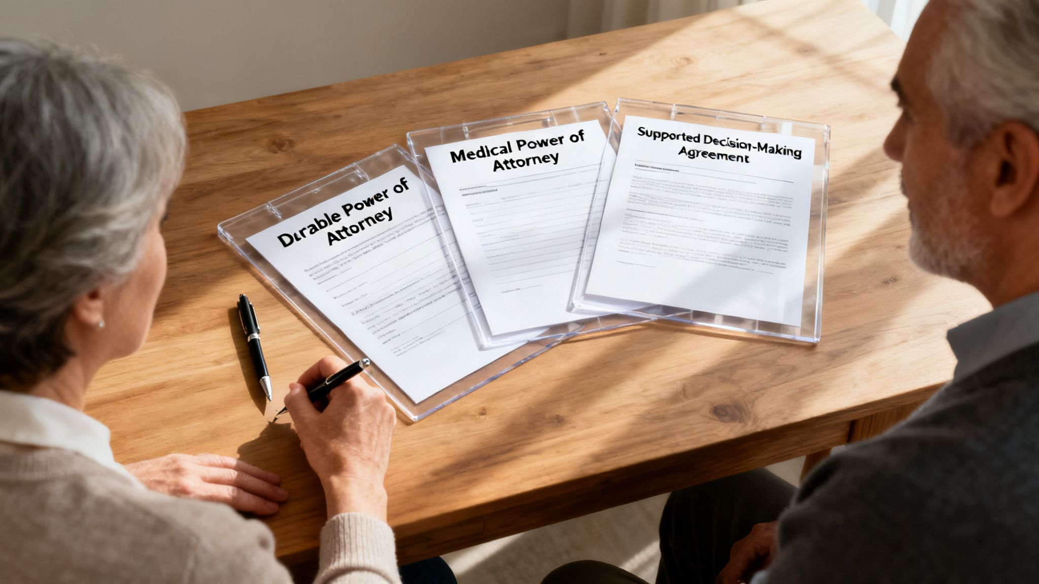 Elderly woman signs durable power of attorney while man watches, with other legal documents visible.
