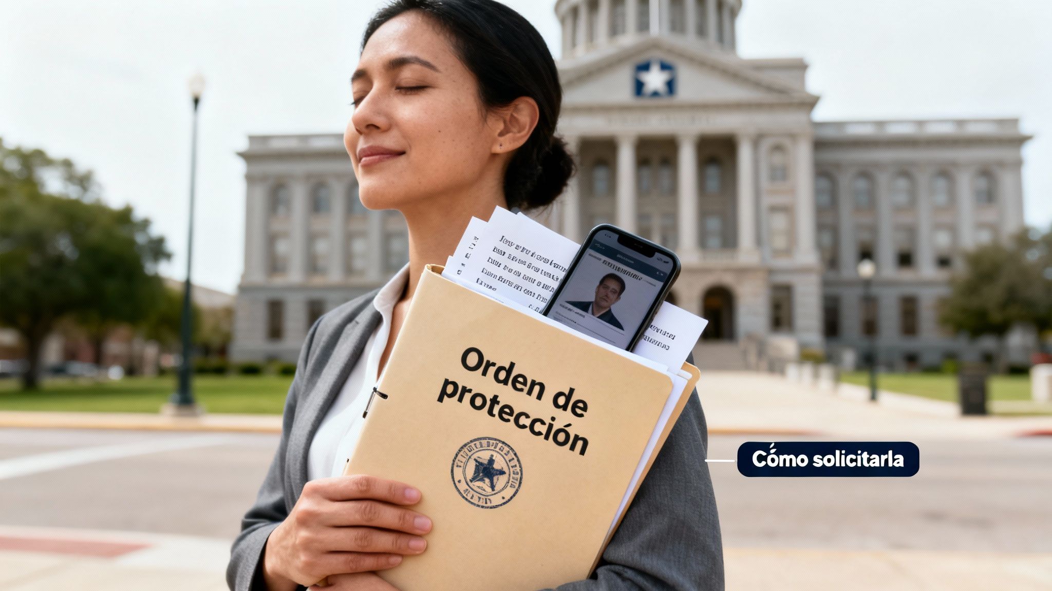 Una mujer sonriente con documentos de orden de protección y un teléfono, frente a un edificio gubernamental, simbolizando seguridad legal.