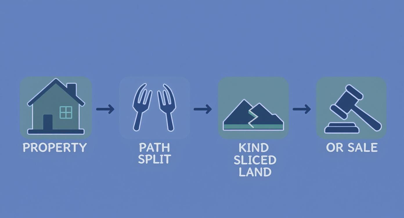 Infographic illustrating the Texas partition process, featuring icons representing property, path split, partition in kind, and sale, highlighting key choices in co-owner disputes.