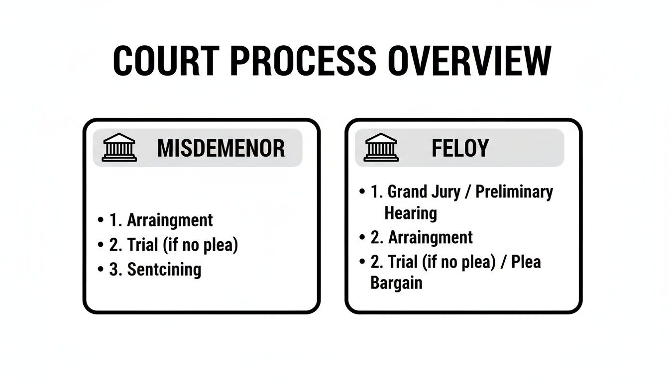 An overview of court processes, distinguishing between misdemeanor and felony procedures with their respective steps.