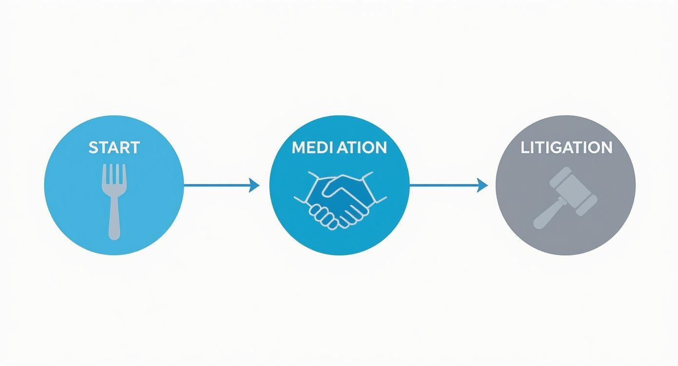 Infographic decision tree comparing the paths of divorce mediation and litigation.