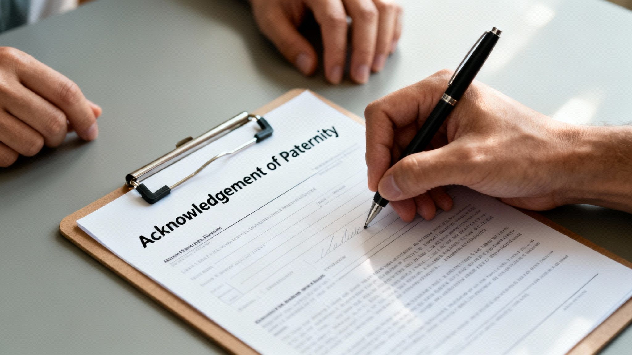 A person's hand signs an 'Acknowledgement of Paternity' document on a clipboard.