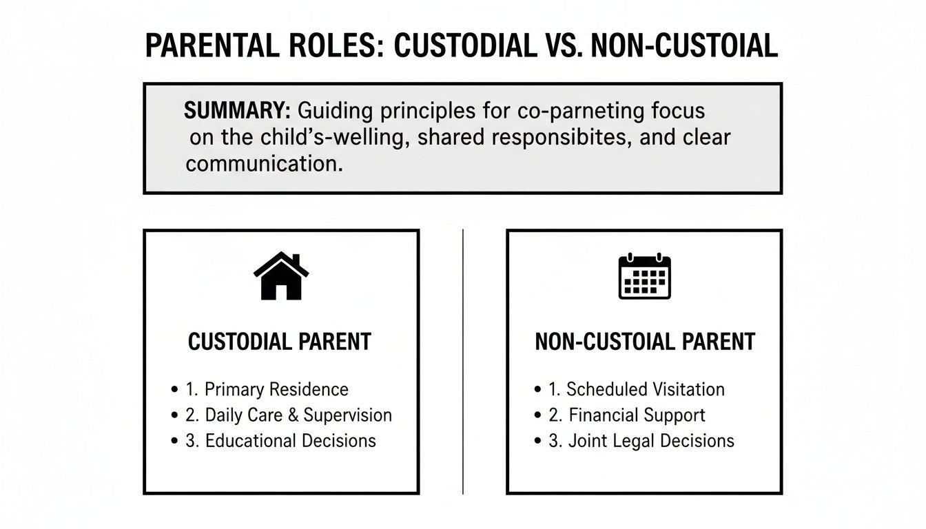 Parental roles comparison chart highlighting custodial parent responsibilities, including primary residence, daily care, and educational decisions, alongside non-custodial parent duties such as scheduled visitation, financial support, and joint legal decisions.