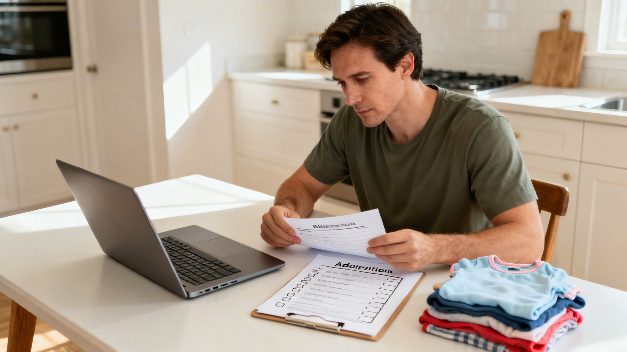 Man studying adoption documents and looking at baby clothes in a bright kitchen.
