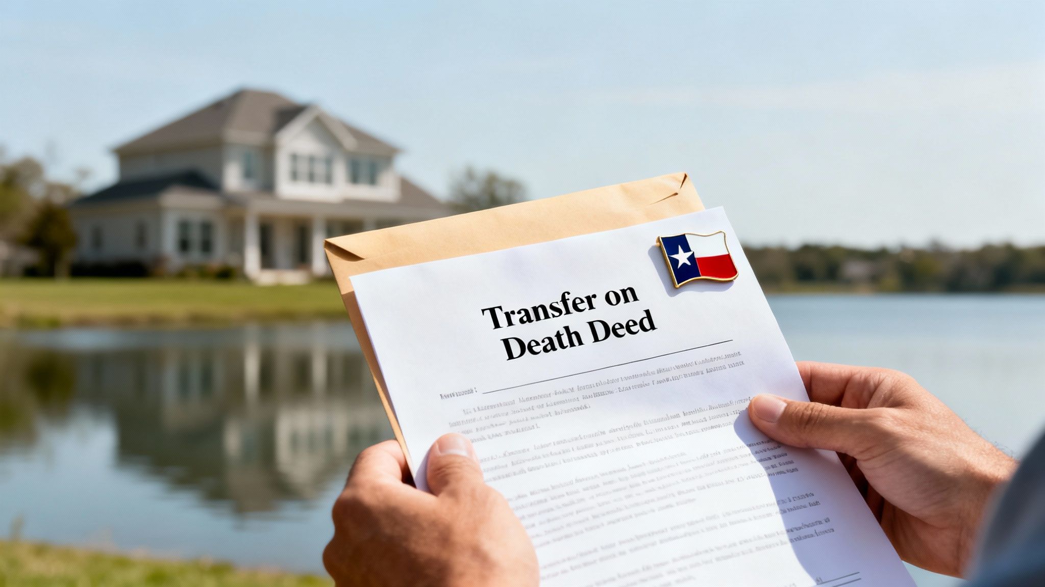 Transfer on Death Deed document held by a person, with a Texas flag emblem, in front of a house by a lake, symbolizing estate planning and probate avoidance in Texas.