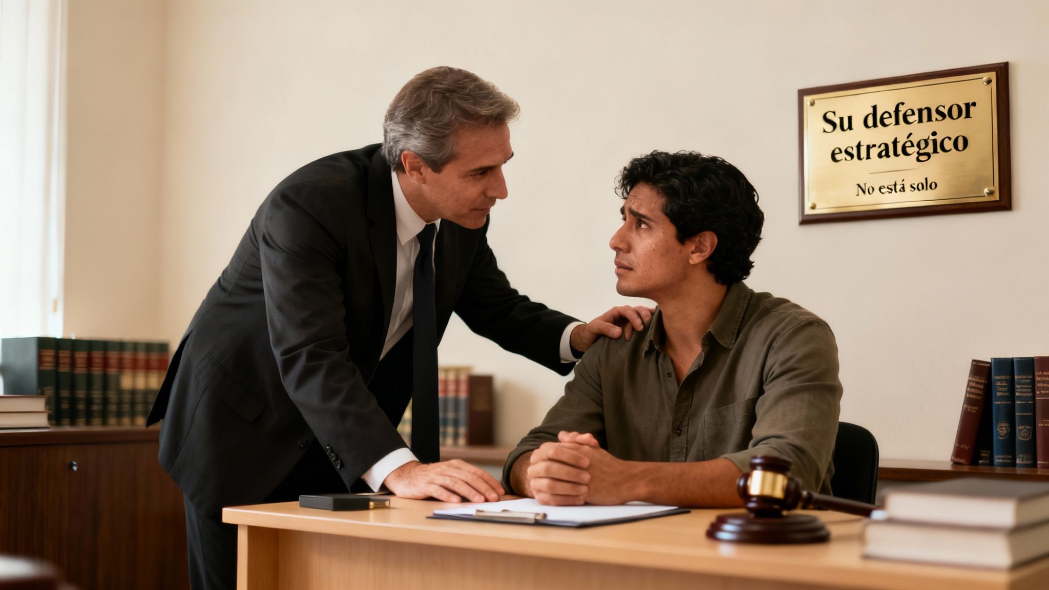 Abogado en traje consolando a su cliente joven en una oficina, con un cartel en la pared.