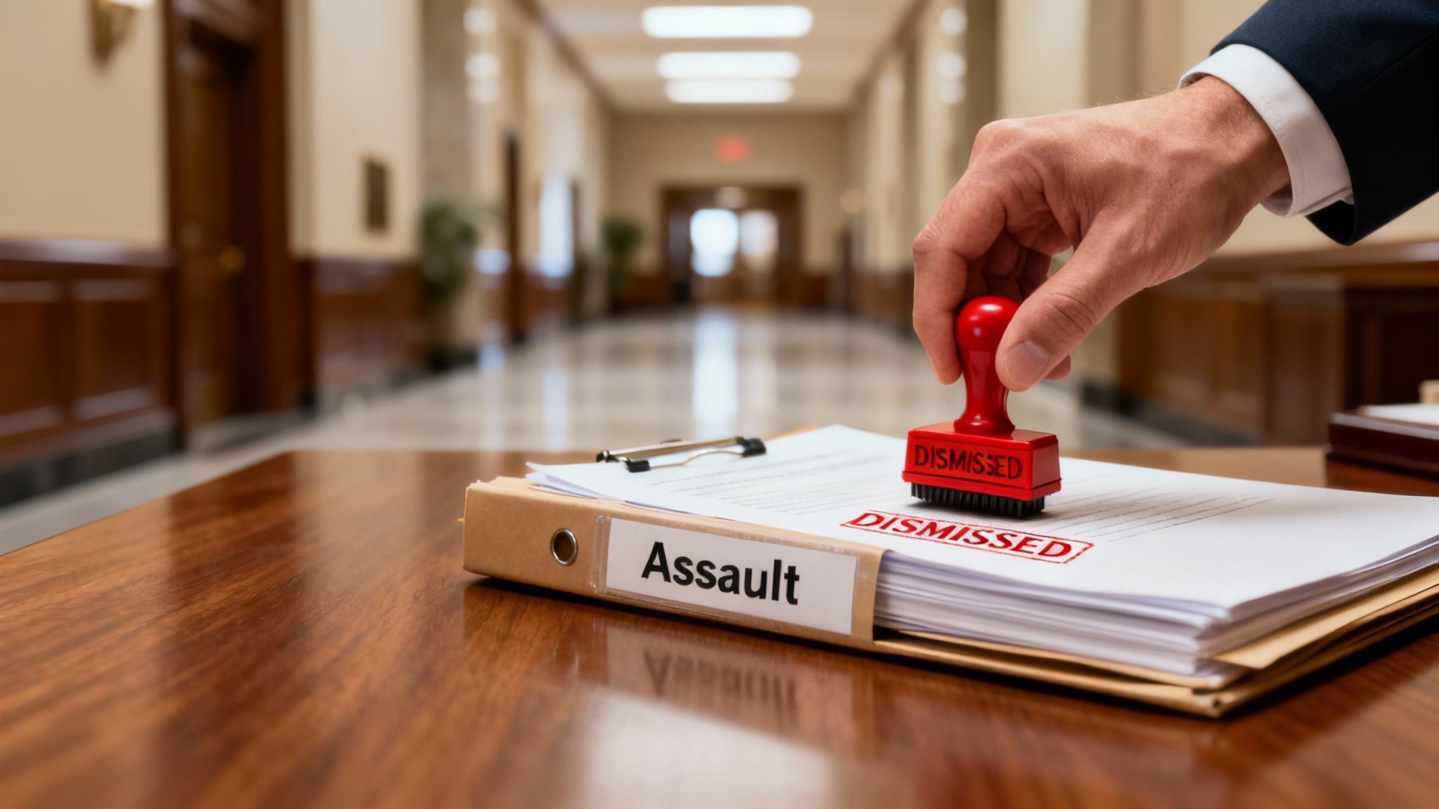 A hand stamps "DISMISSED" in red on legal documents related to an assault case.