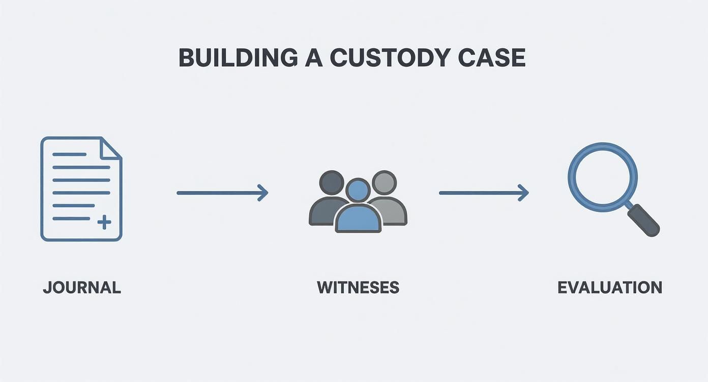 Infographic showing the process flow of building a custody case with icons for documenting, finding witnesses, and evaluation.