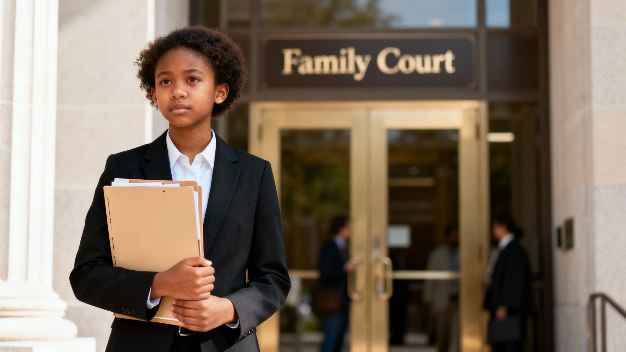 A young Black person in a suit stands seriously outside Family Court, holding file folders.