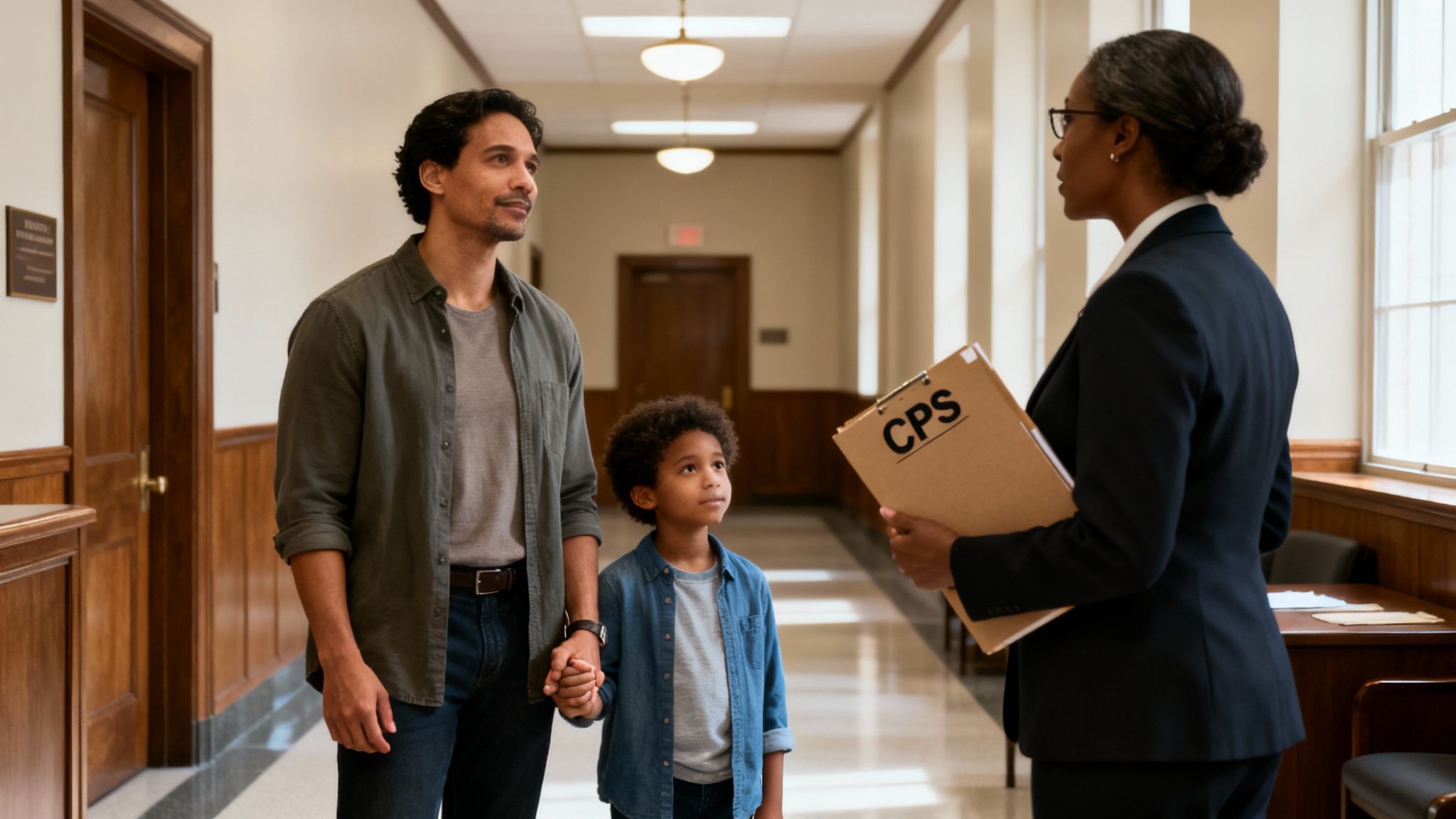 A man and a boy hold hands, talking with a CPS social worker in a government building.