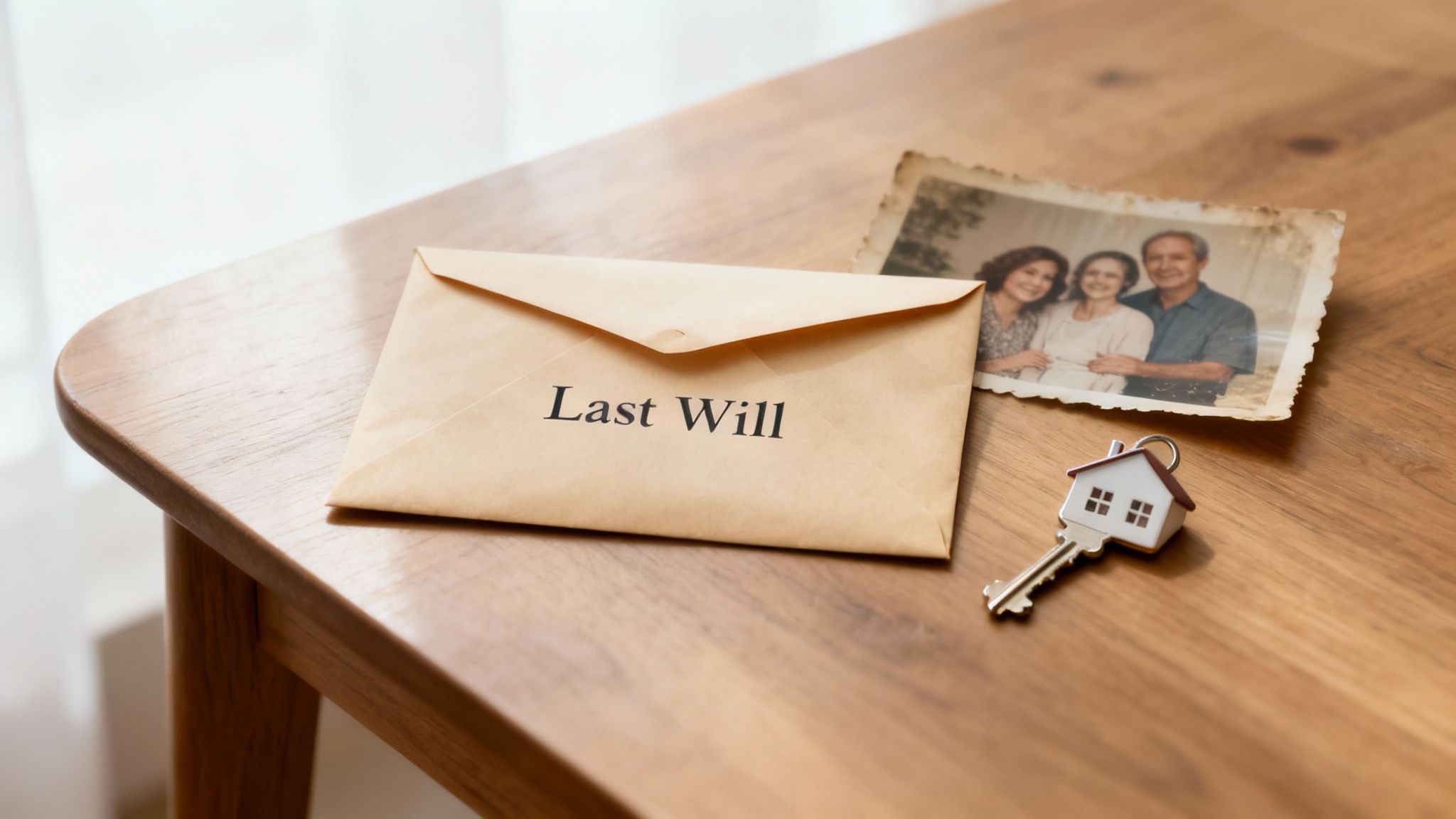 Envelope labeled "Last Will" on a wooden table, accompanied by a house key and a family photo, symbolizing the process of estate transfer and the importance of wills in Texas probate law.