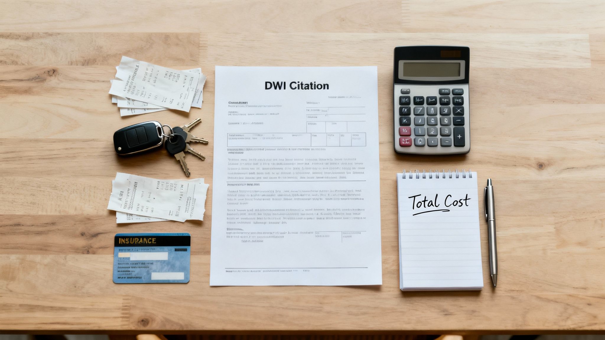 Flat lay showing a DWI citation, car keys, receipts, calculator, and a 'Total Cost' notepad.