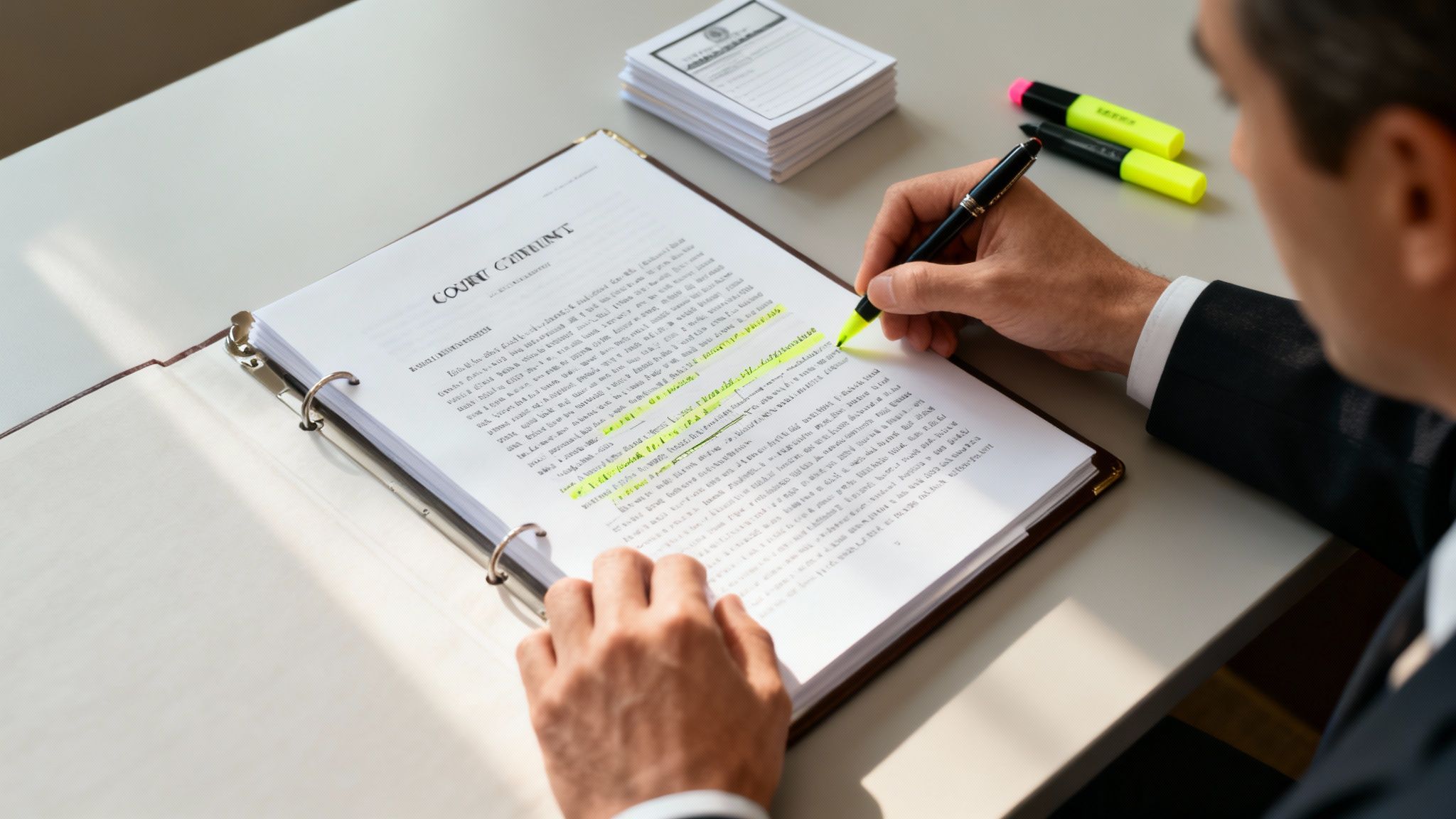 A professional in a suit highlights a court document in a binder with a yellow marker.