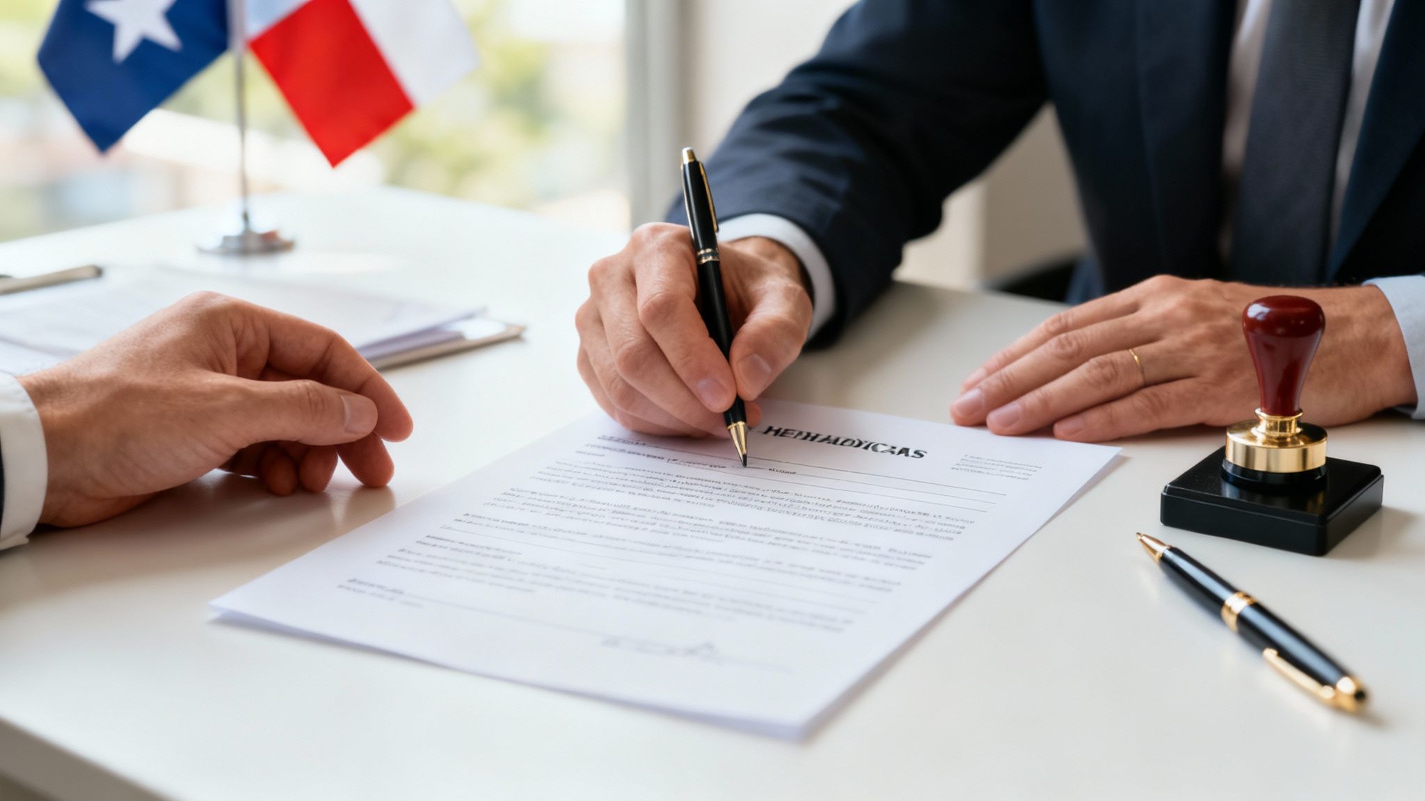 A person signing a legal document with a pen, with another person witnessing.