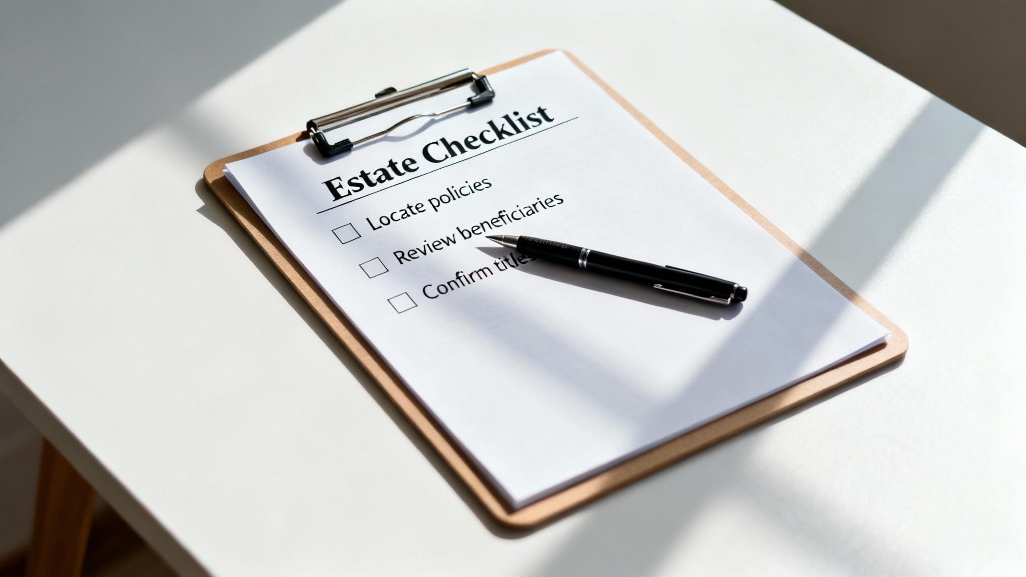 An estate checklist on a clipboard with a pen, detailing tasks like locating policies.