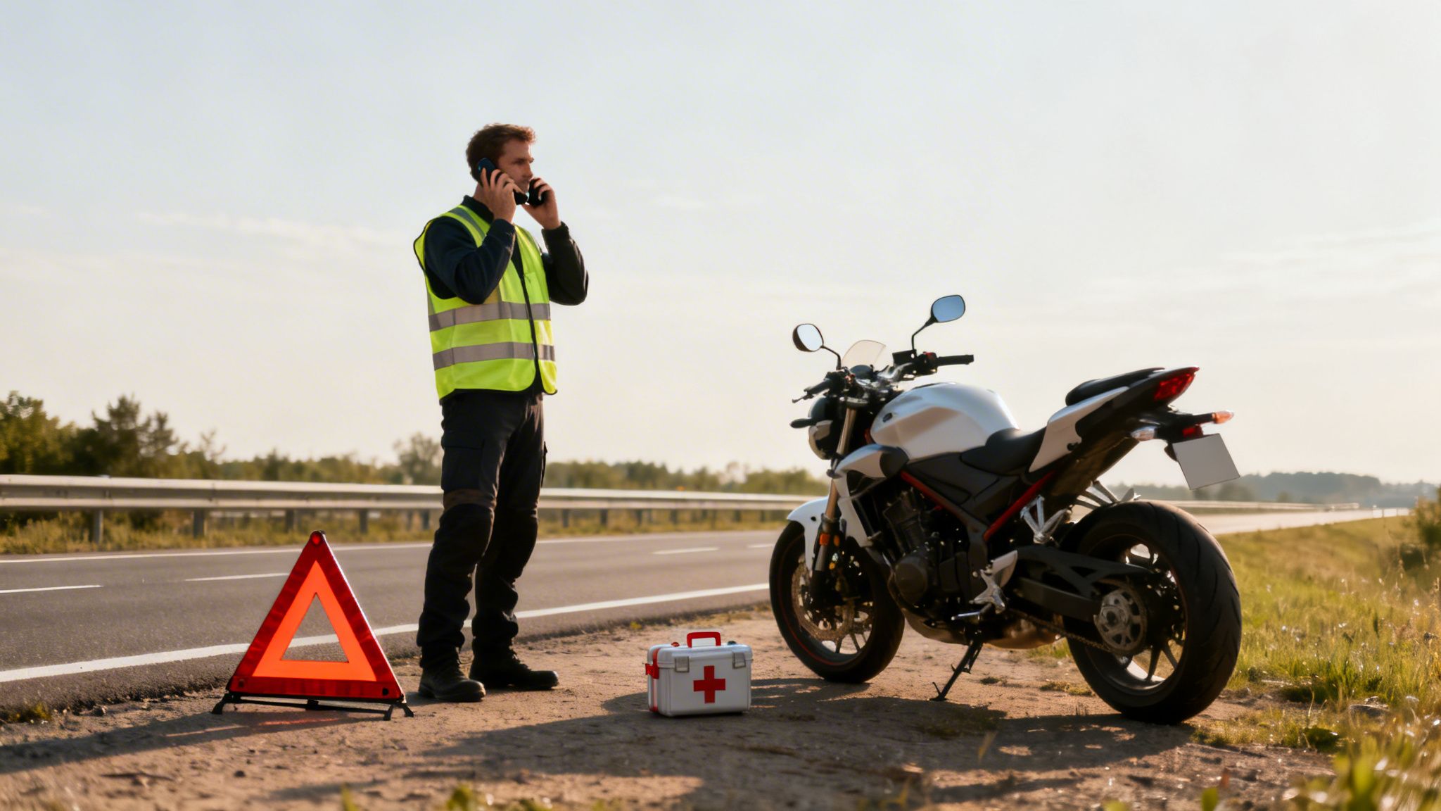 Motorcyclist in a yellow vest making a call beside his broken-down bike and a warning triangle.