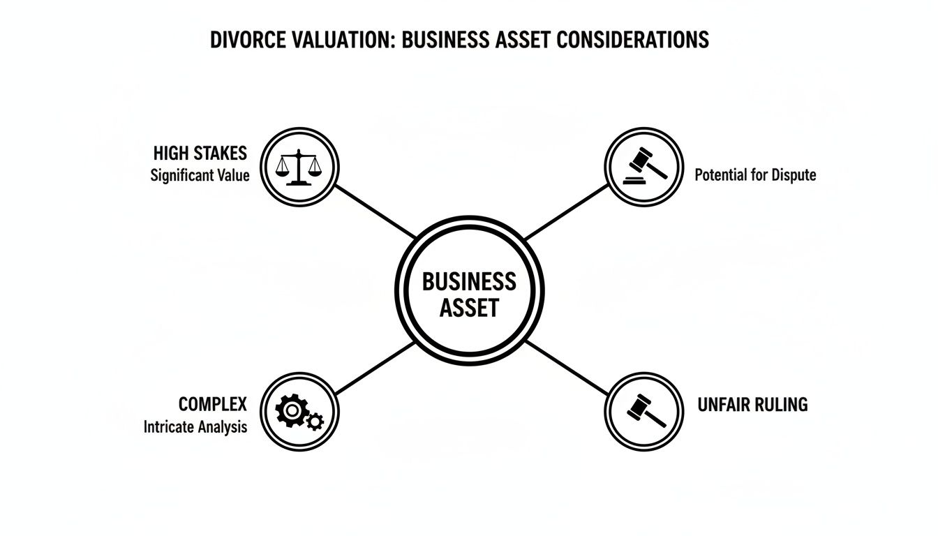 Diagram detailing key considerations for business assets in divorce valuation, including high stakes, complexity, potential for dispute, and unfair rulings.
