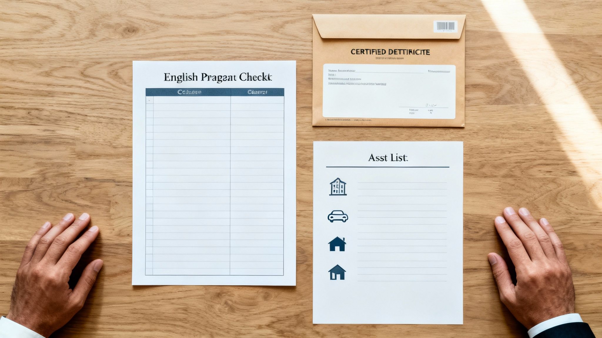 A top-down view of a wooden desk with hands, three documents, including a checklist and an envelope.