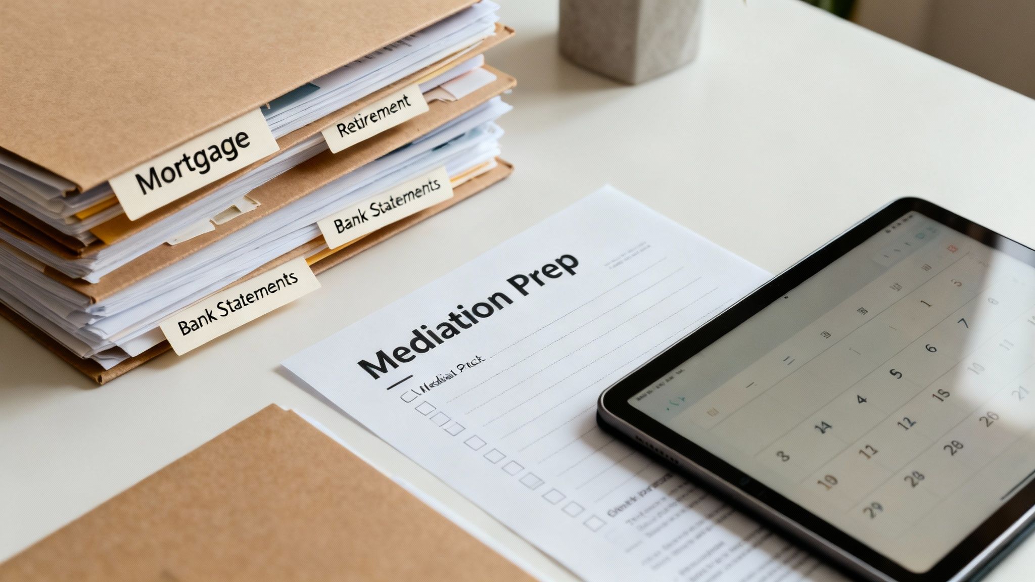 Financial documents, 'Mediation Prep' checklist, and a digital calendar on a tablet for planning.