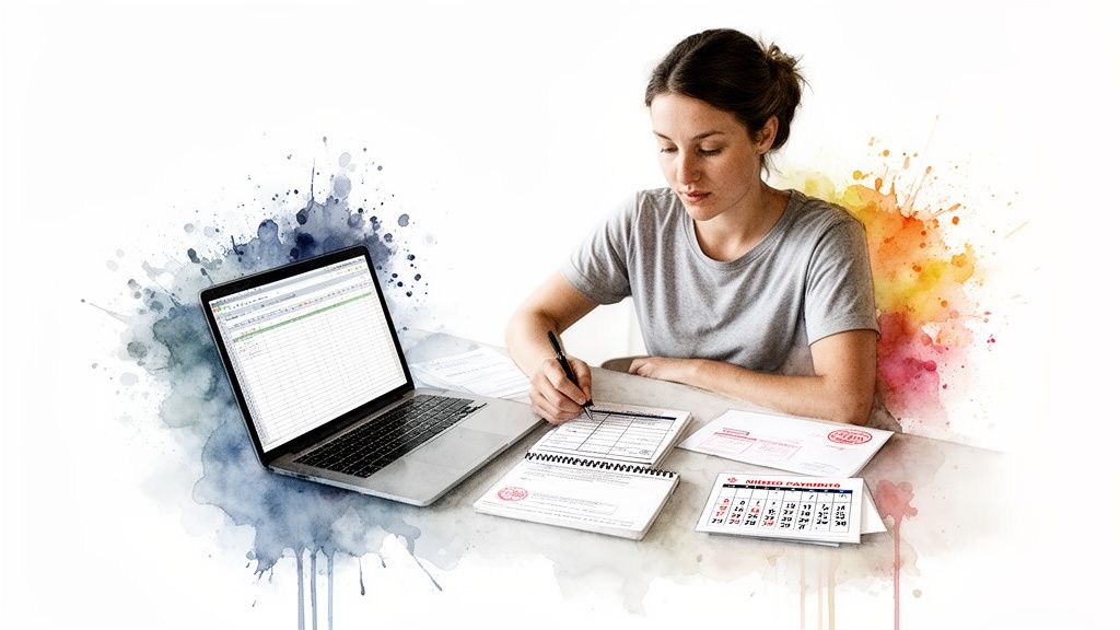 A woman working at a desk with a laptop, notebook, and calendar, managing finances.