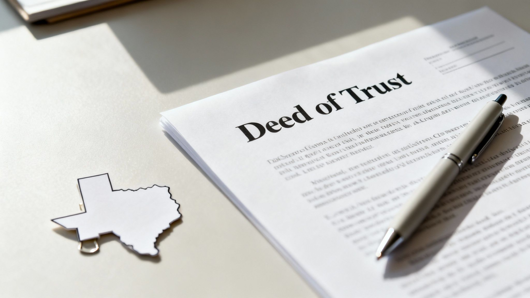 A legal document titled 'Deed of Trust' with a pen and a Texas state outline.