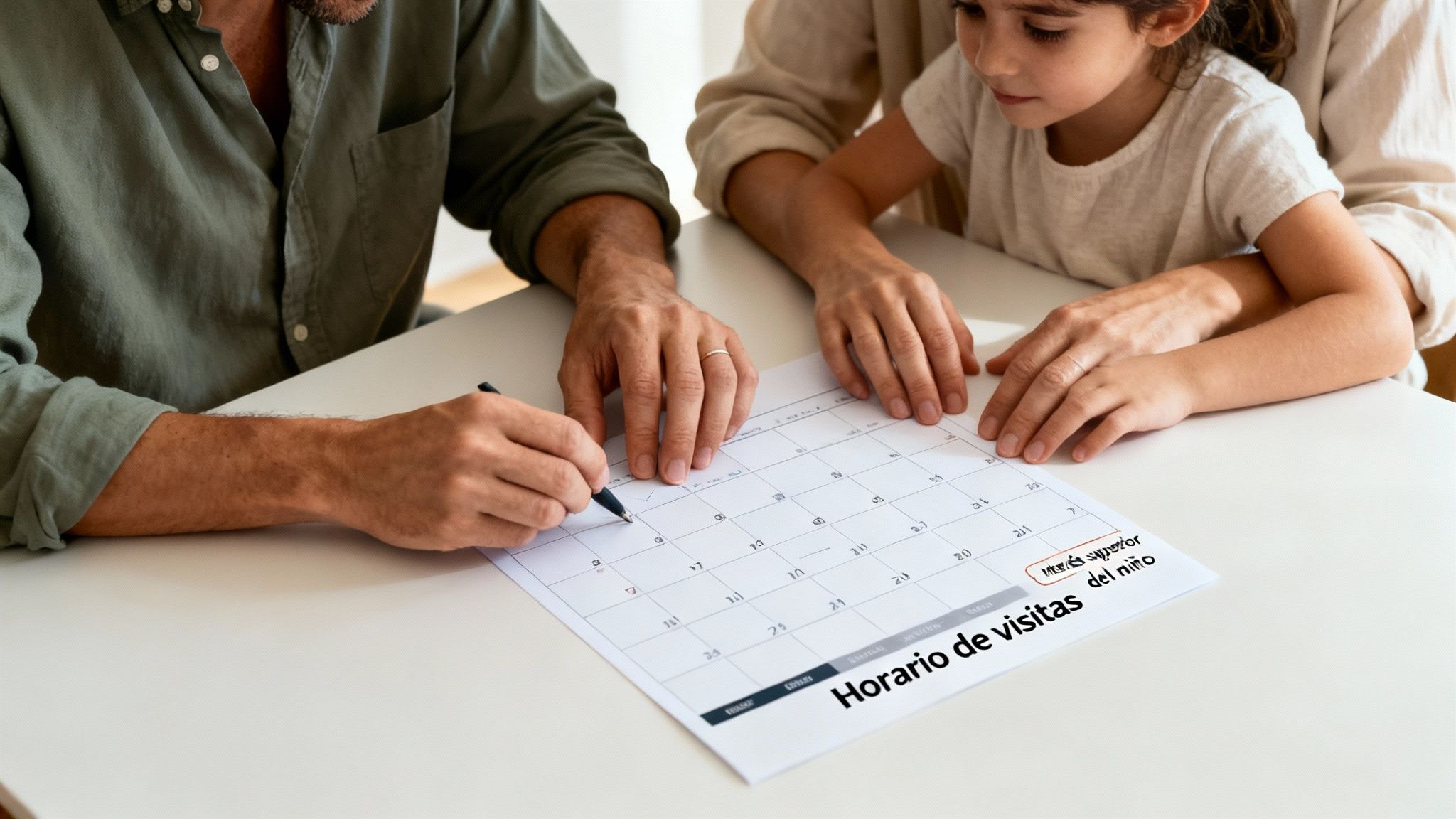 Hombre y niña mirando un calendario con el horario de visitas y el interés superior del niño.