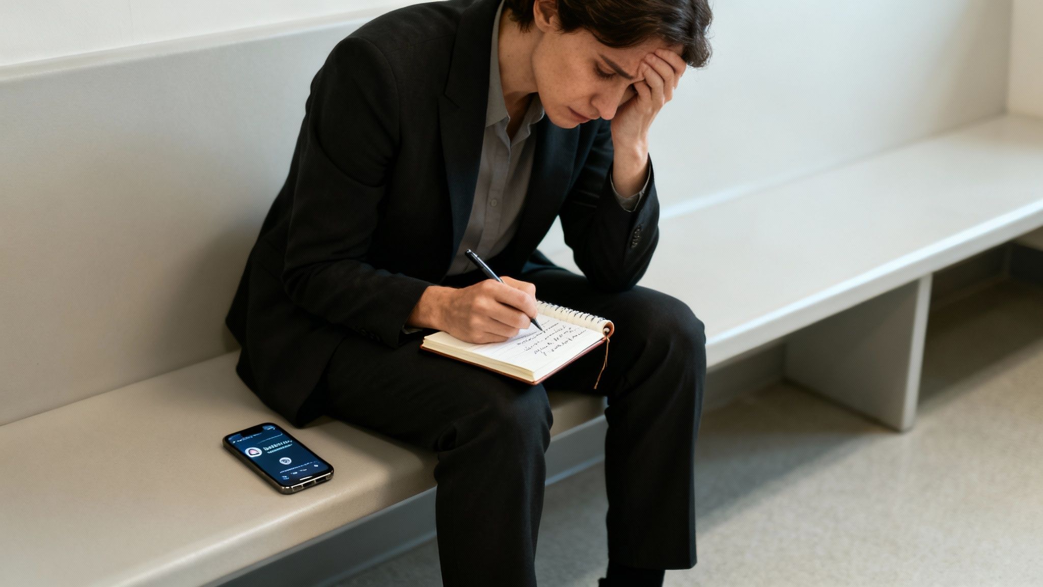 Person in a suit sitting in a waiting area, looking distressed while writing notes in a notebook, with a smartphone nearby, reflecting the anxiety of facing a first-time assault charge in Texas.