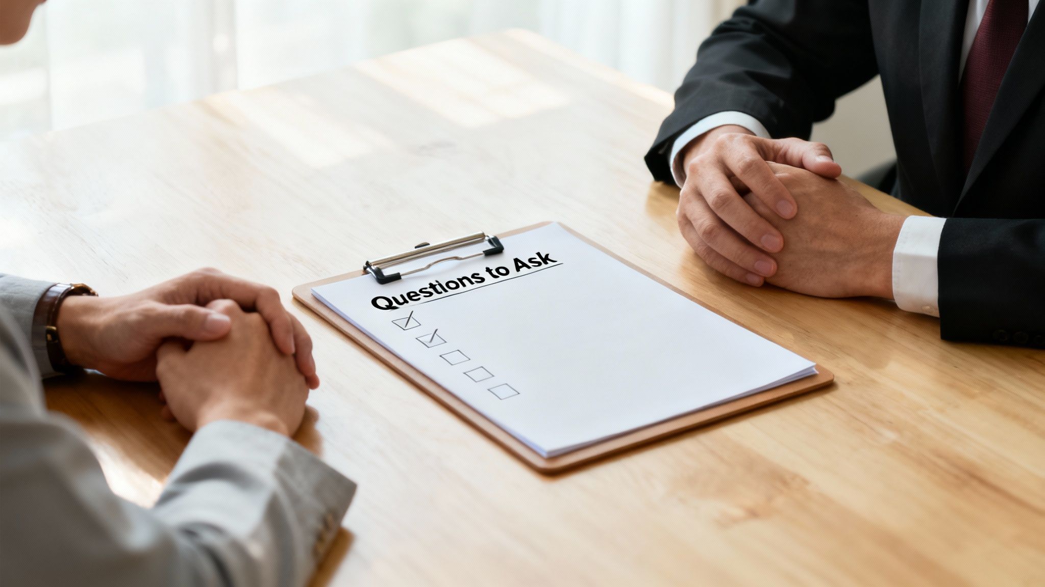 Hands of two individuals engaged in a consultation, with a clipboard displaying "Questions to Ask" and checkboxes, emphasizing the importance of preparing questions when selecting a Texas criminal defense lawyer.