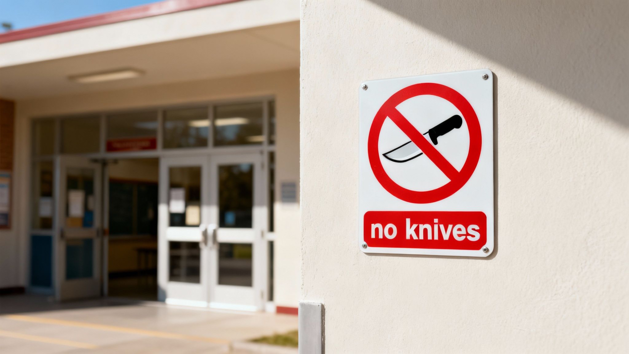 Sign prohibiting knives, featuring a crossed-out knife symbol, mounted on a wall outside a school building, emphasizing legal restrictions on carrying large knives in sensitive areas like schools in Texas.