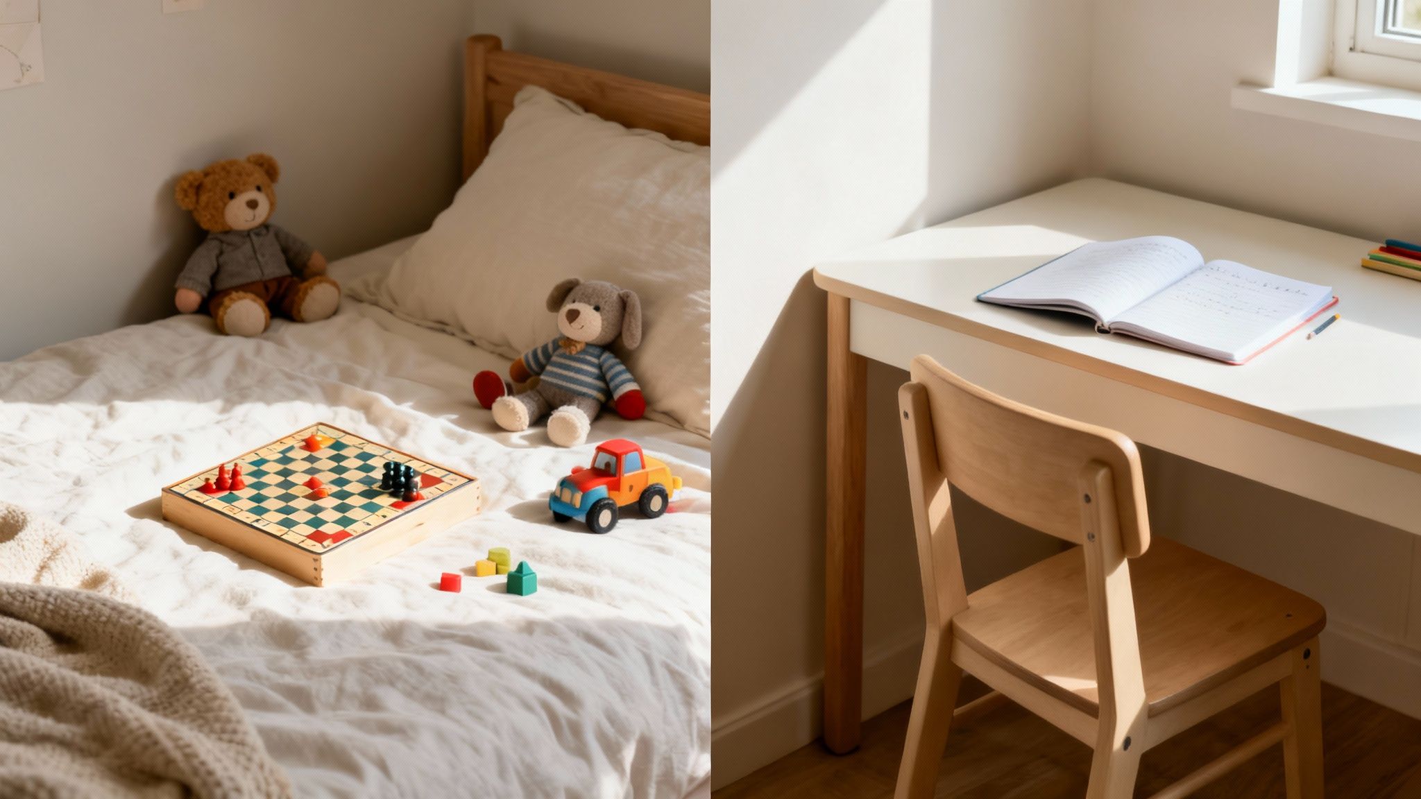 Bright children's room showing a bed with toys and a desk ready for homework.